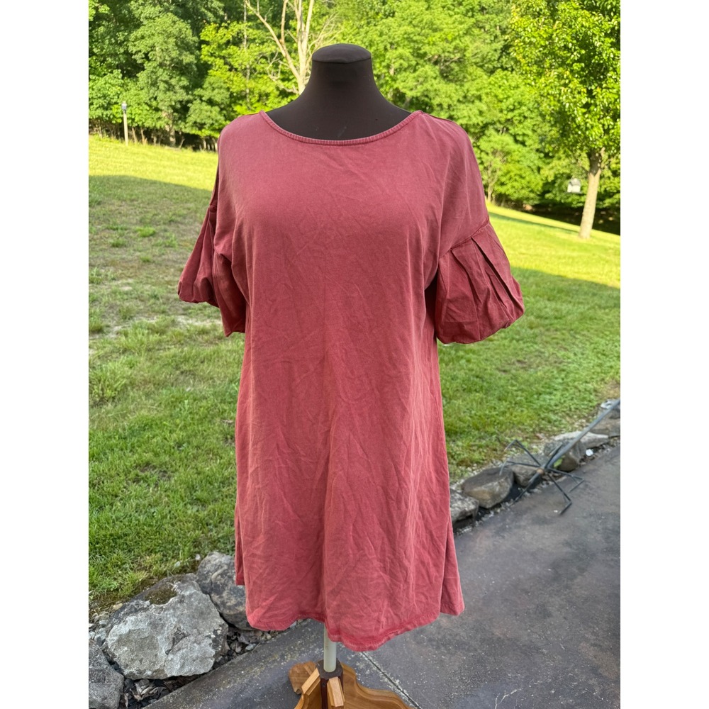 Frye Womens Faded Red Pleated Puff Sleeve Cotton Shift‎ Dress Size Medium boho